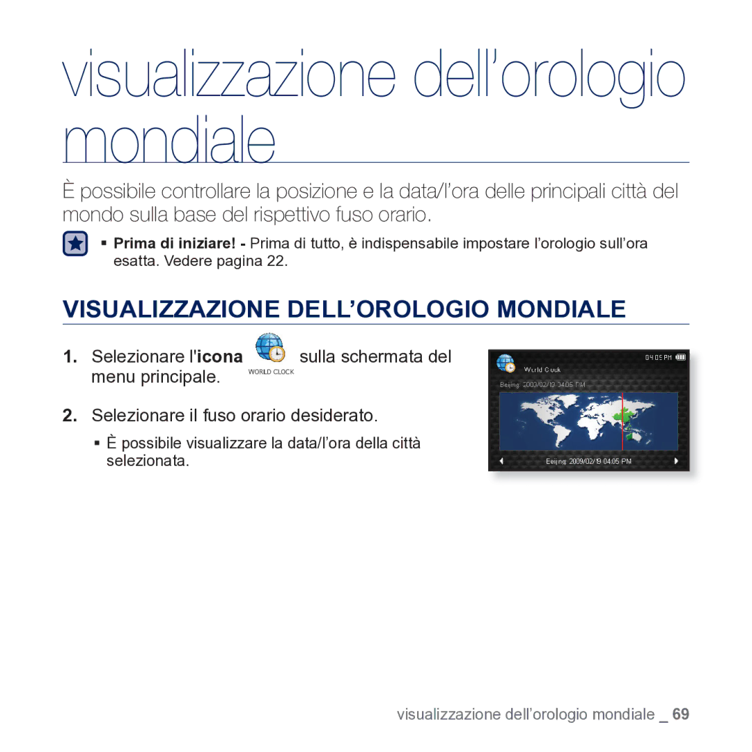 Samsung YP-CP3AB/EDC Visualizzazione dell’orologio mondiale, Visualizzazione DELL’OROLOGIO Mondiale, Selezionare licona 