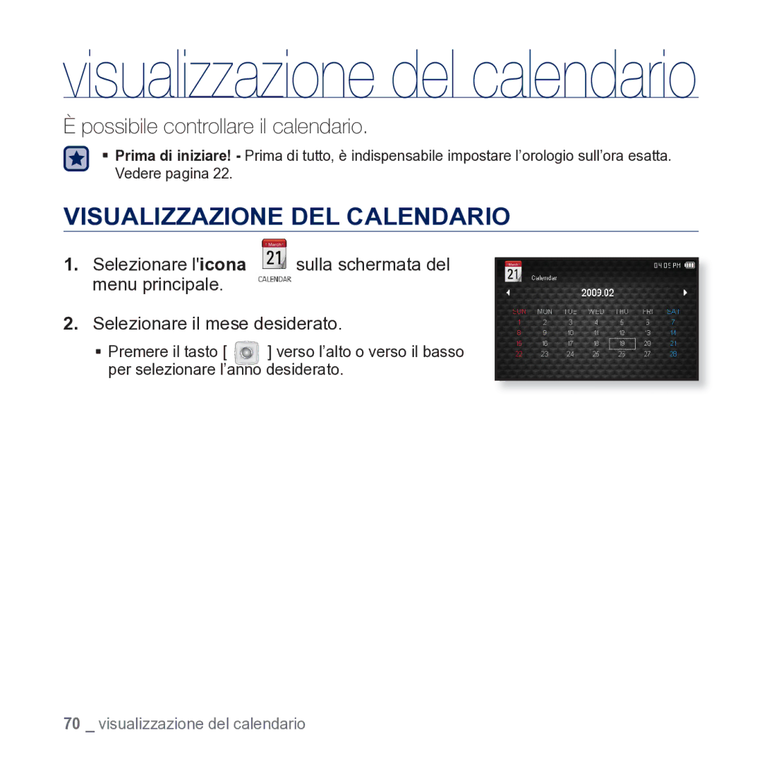 Samsung YP-CP3AB/EDC manual Visualizzazione DEL Calendario, Selezionare il mese desiderato 