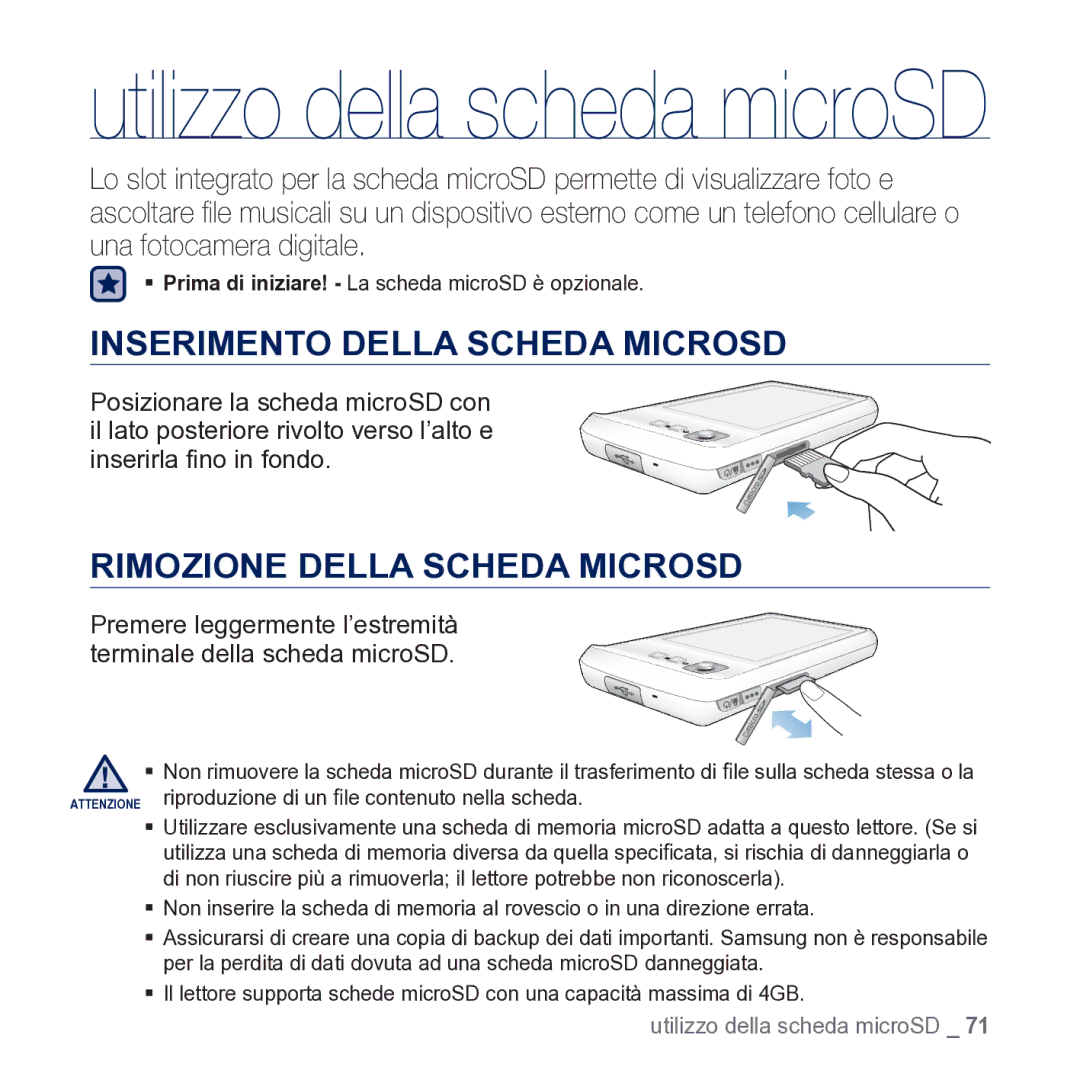 Samsung YP-CP3AB/EDC manual Inserimento Della Scheda Microsd, Rimozione Della Scheda Microsd 