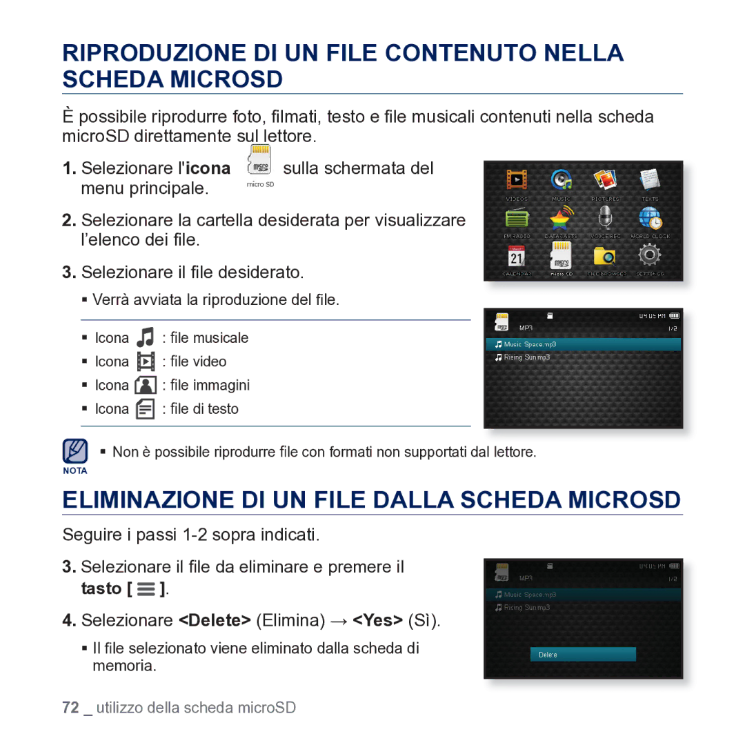 Samsung YP-CP3AB/EDC Riproduzione DI UN File Contenuto Nella Scheda Microsd, Eliminazione DI UN File Dalla Scheda Microsd 