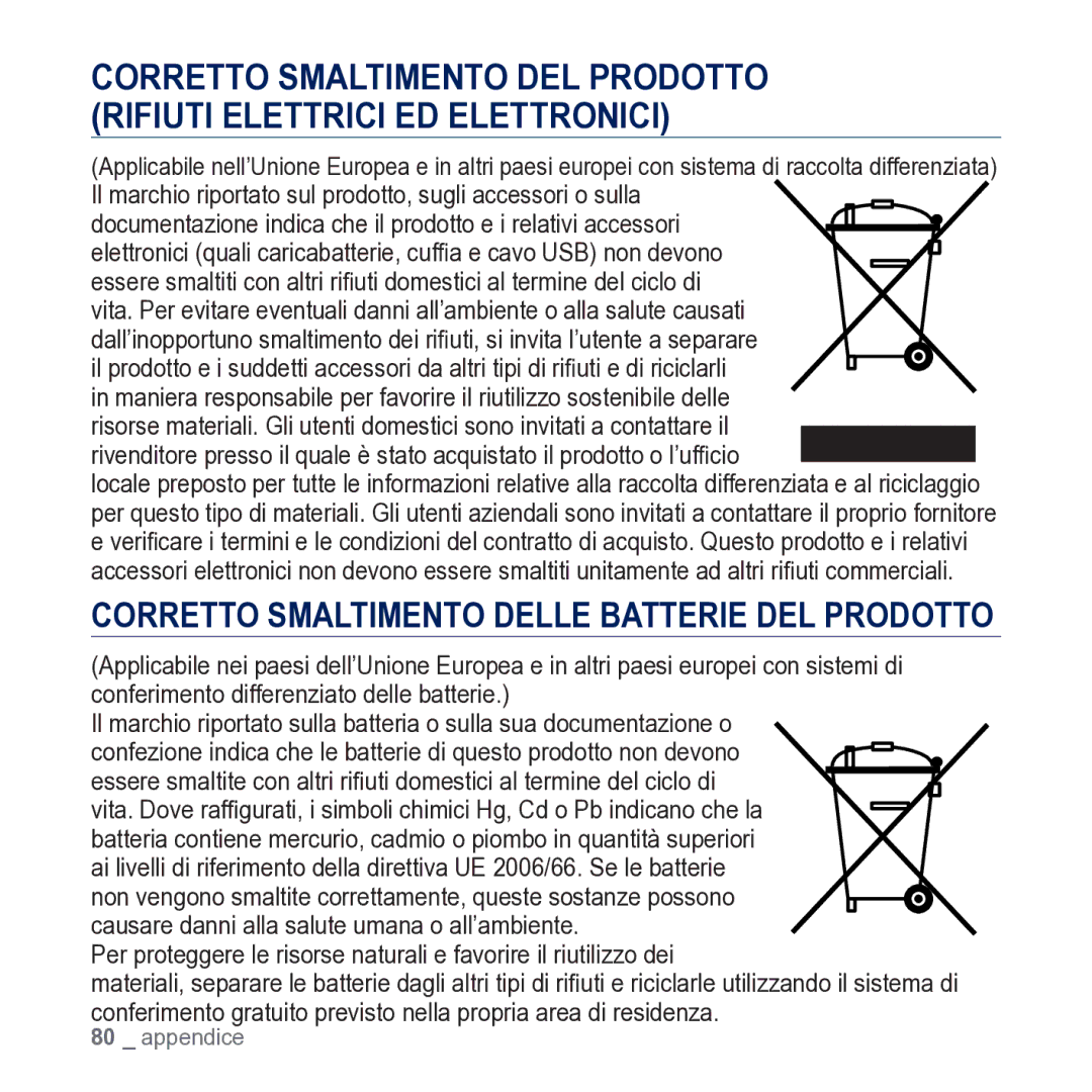 Samsung YP-CP3AB/EDC manual Corretto Smaltimento Delle Batterie DEL Prodotto 