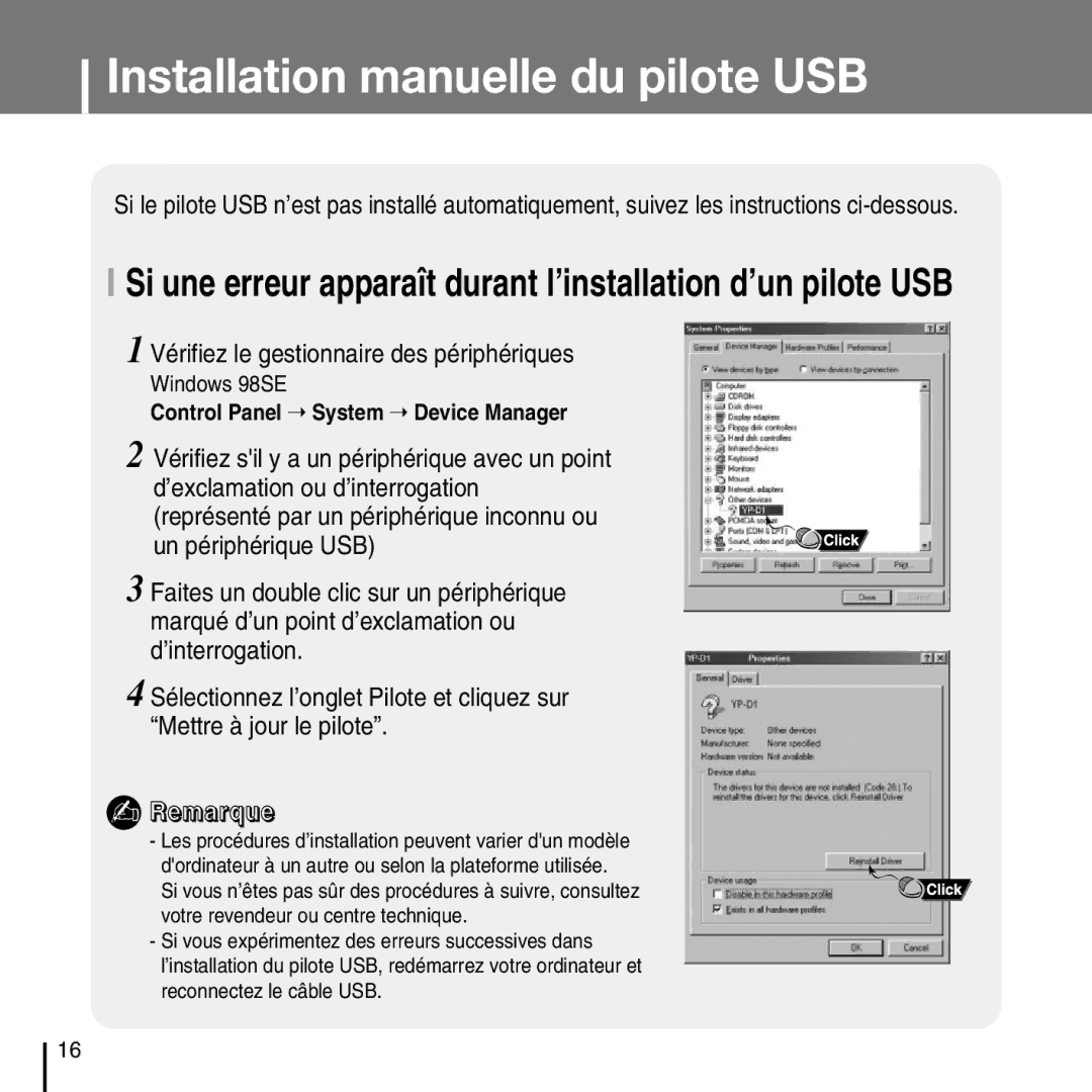 Samsung YP-D1Q/ELS, YP-D1Z/ELS, YP-D1ZW/ELS Installation manuelle du pilote USB, Vérifiez le gestionnaire des périphériques 