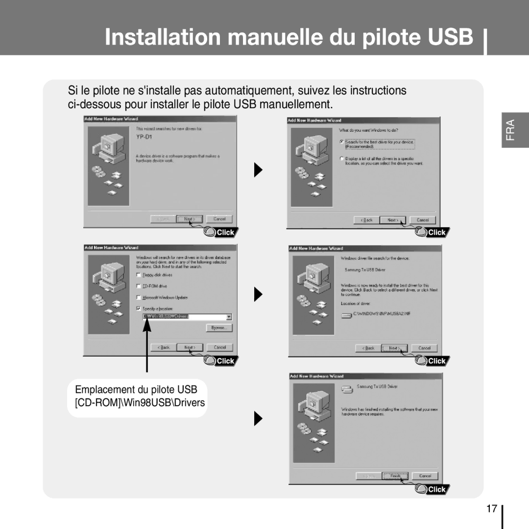 Samsung YP-D1Z/ELS, YP-D1Q/ELS, YP-D1ZW/ELS, YP-D1QB/ELS manual Emplacement du pilote USB CD-ROM\Win98USB\Drivers 