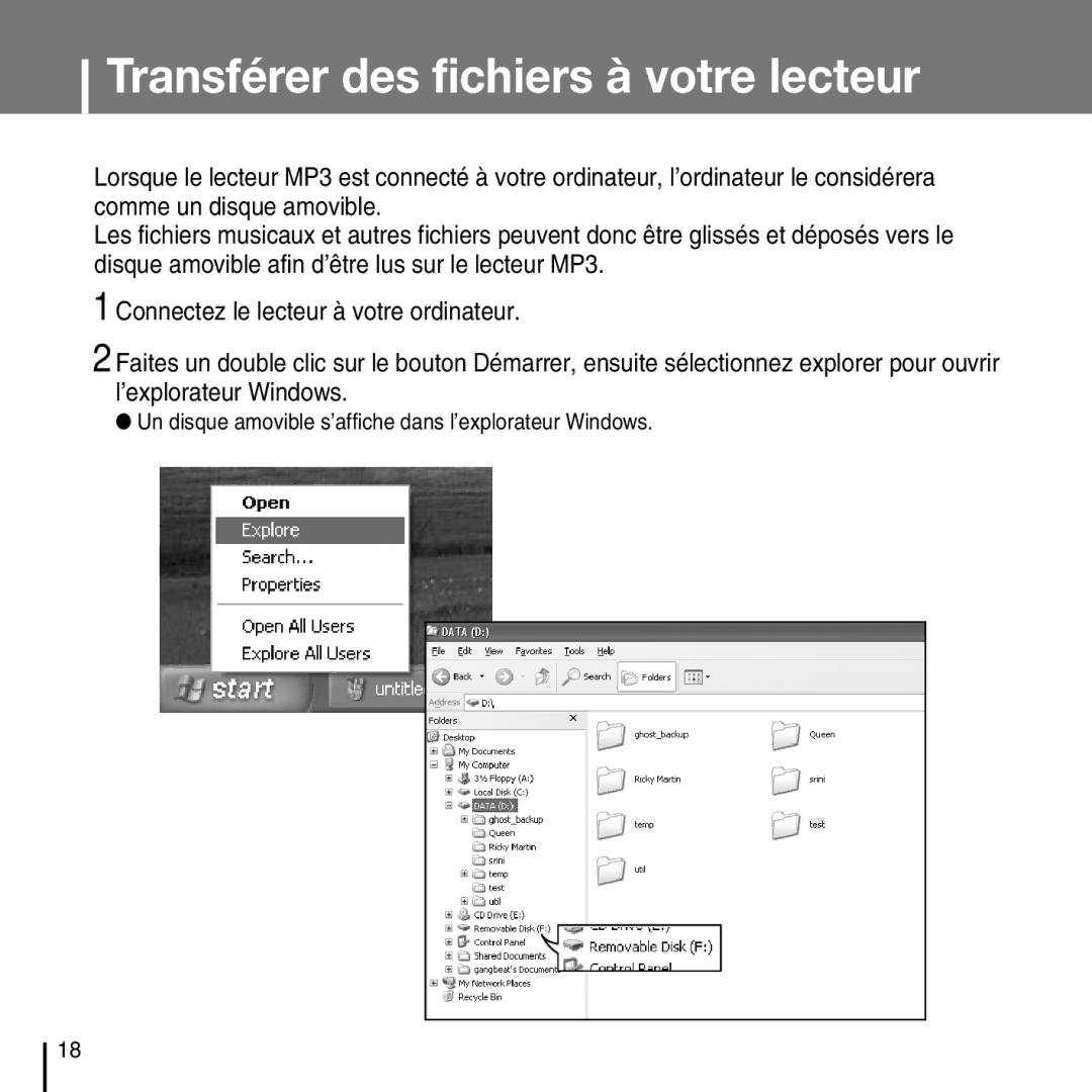 Samsung YP-D1ZW/ELS, YP-D1Q/ELS, YP-D1Z/ELS, YP-D1QB/ELS manual Transférer des fichiers à votre lecteur 