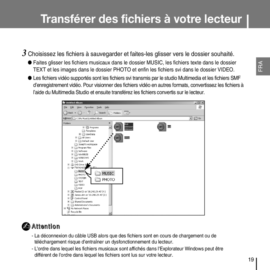 Samsung YP-D1QB/ELS, YP-D1Q/ELS, YP-D1Z/ELS, YP-D1ZW/ELS manual Transférer des fichiers à votre lecteur 