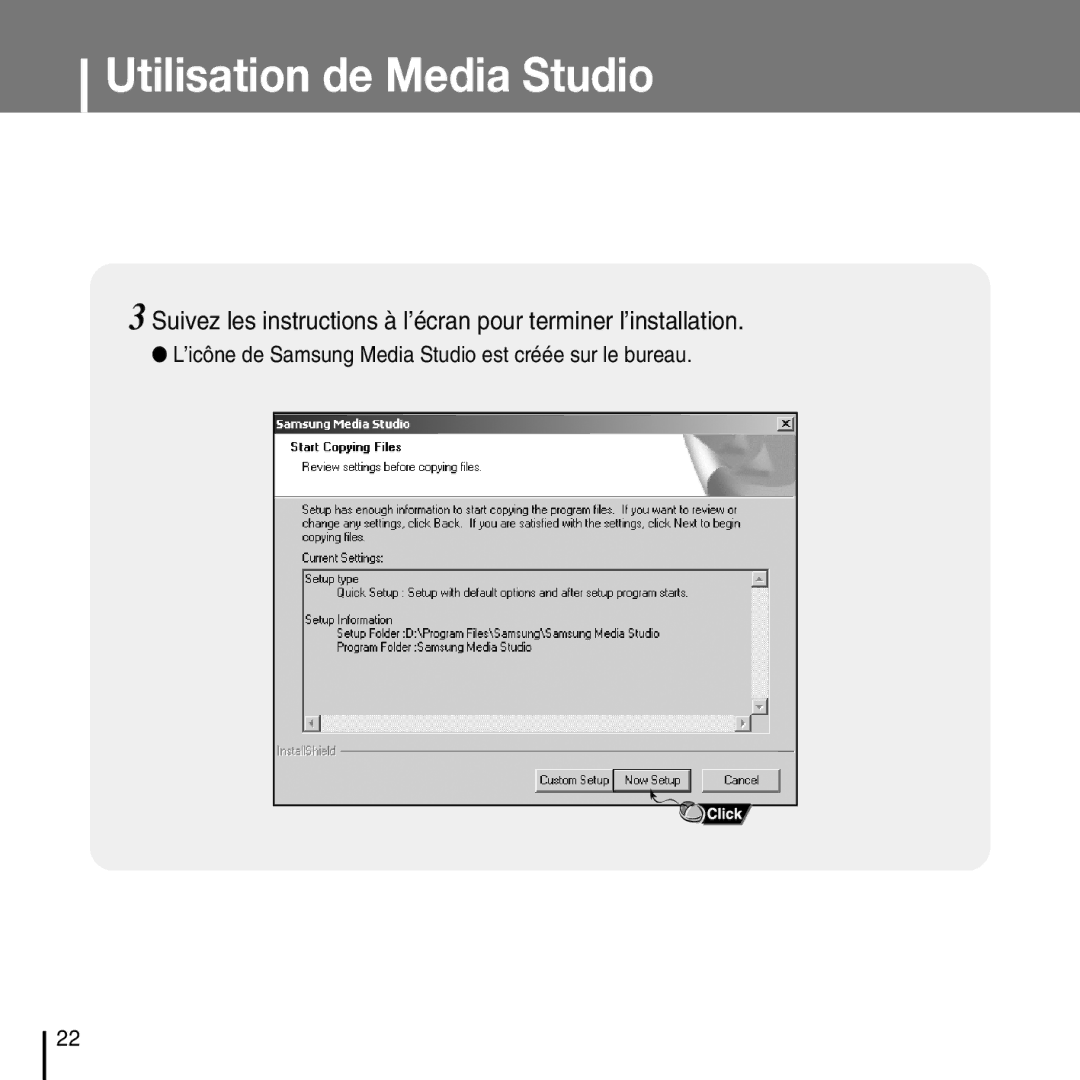 Samsung YP-D1ZW/ELS, YP-D1Q/ELS, YP-D1Z/ELS, YP-D1QB/ELS manual ’icône de Samsung Media Studio est créée sur le bureau 