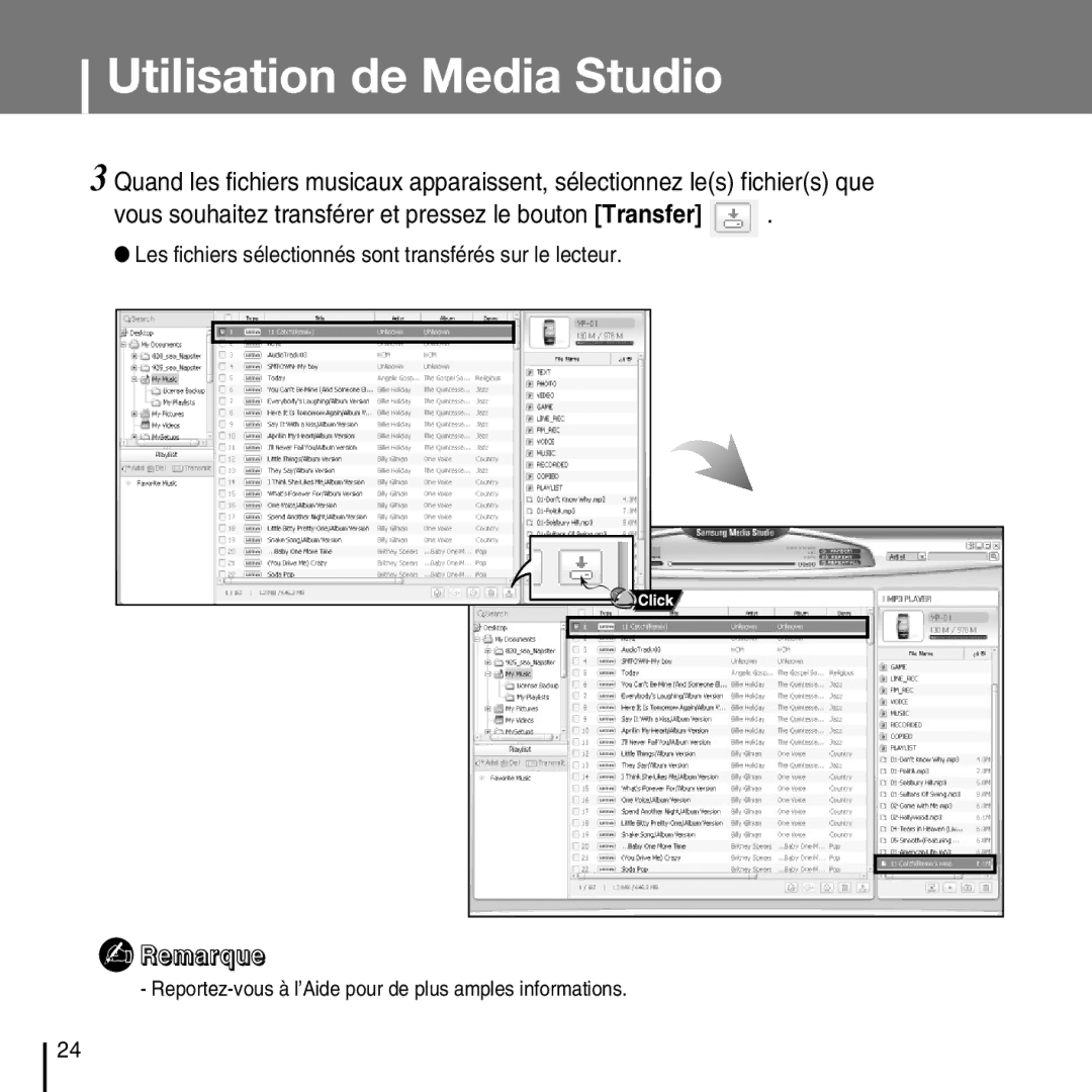 Samsung YP-D1Q/ELS, YP-D1Z/ELS, YP-D1ZW/ELS, YP-D1QB/ELS manual Vous souhaitez transférer et pressez le bouton Transfer 