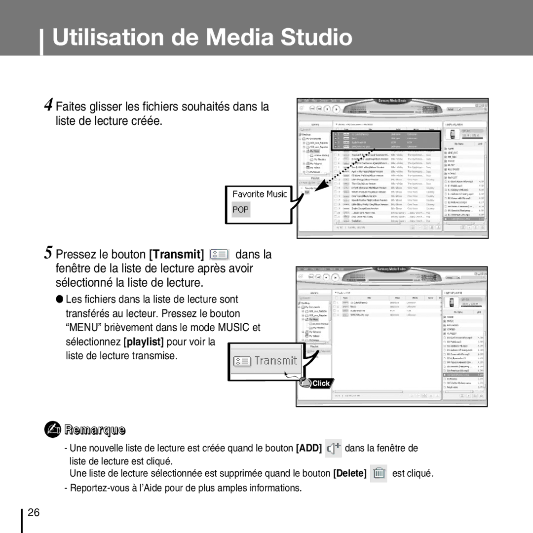 Samsung YP-D1ZW/ELS, YP-D1Q/ELS, YP-D1Z/ELS, YP-D1QB/ELS manual Liste de lecture transmise 