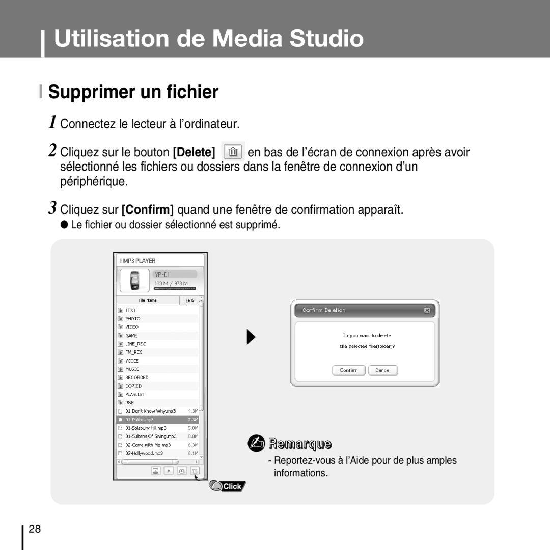 Samsung YP-D1Q/ELS, YP-D1Z/ELS, YP-D1ZW/ELS, YP-D1QB/ELS manual Supprimer un fichier 