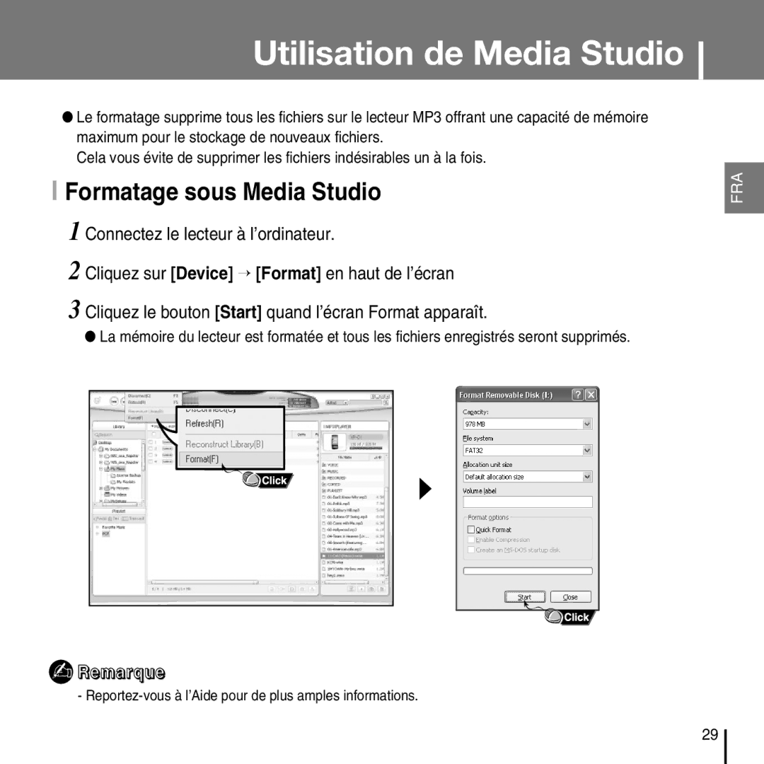 Samsung YP-D1Z/ELS, YP-D1Q/ELS, YP-D1ZW/ELS, YP-D1QB/ELS manual Formatage sous Media Studio 