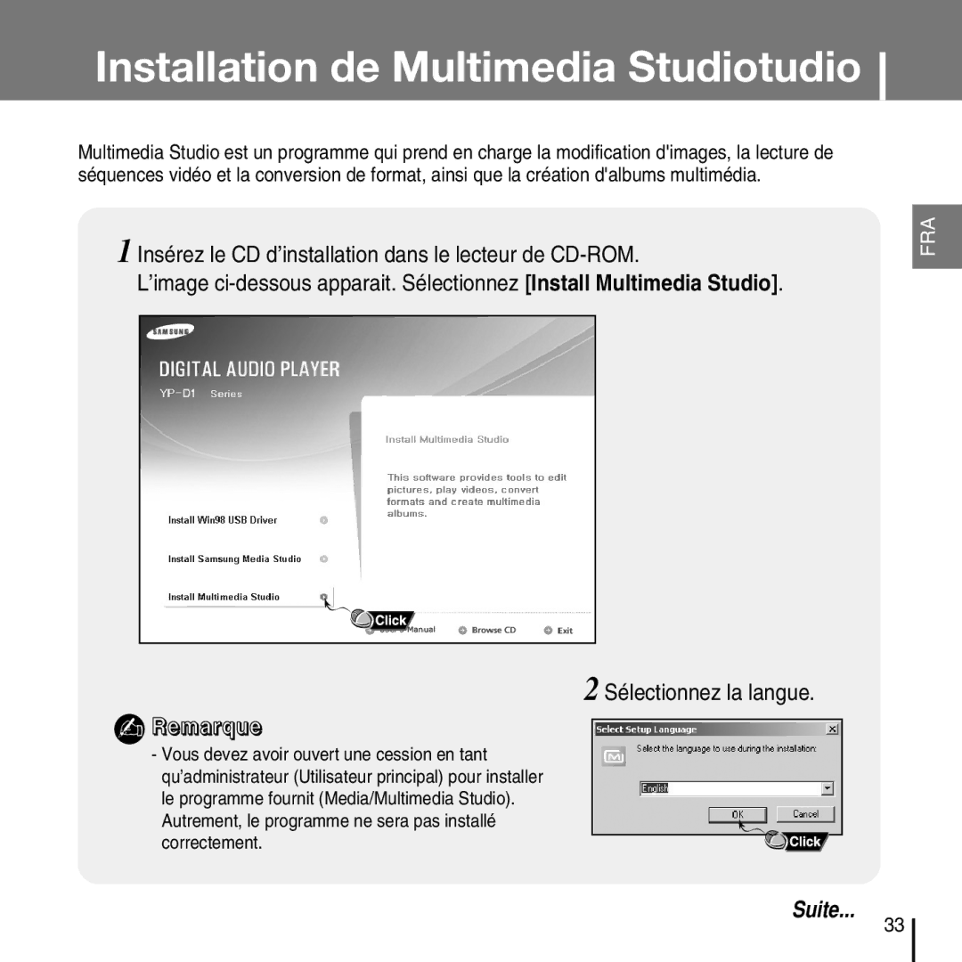 Samsung YP-D1Z/ELS, YP-D1Q/ELS, YP-D1ZW/ELS, YP-D1QB/ELS manual Installation de Multimedia Studiotudio 