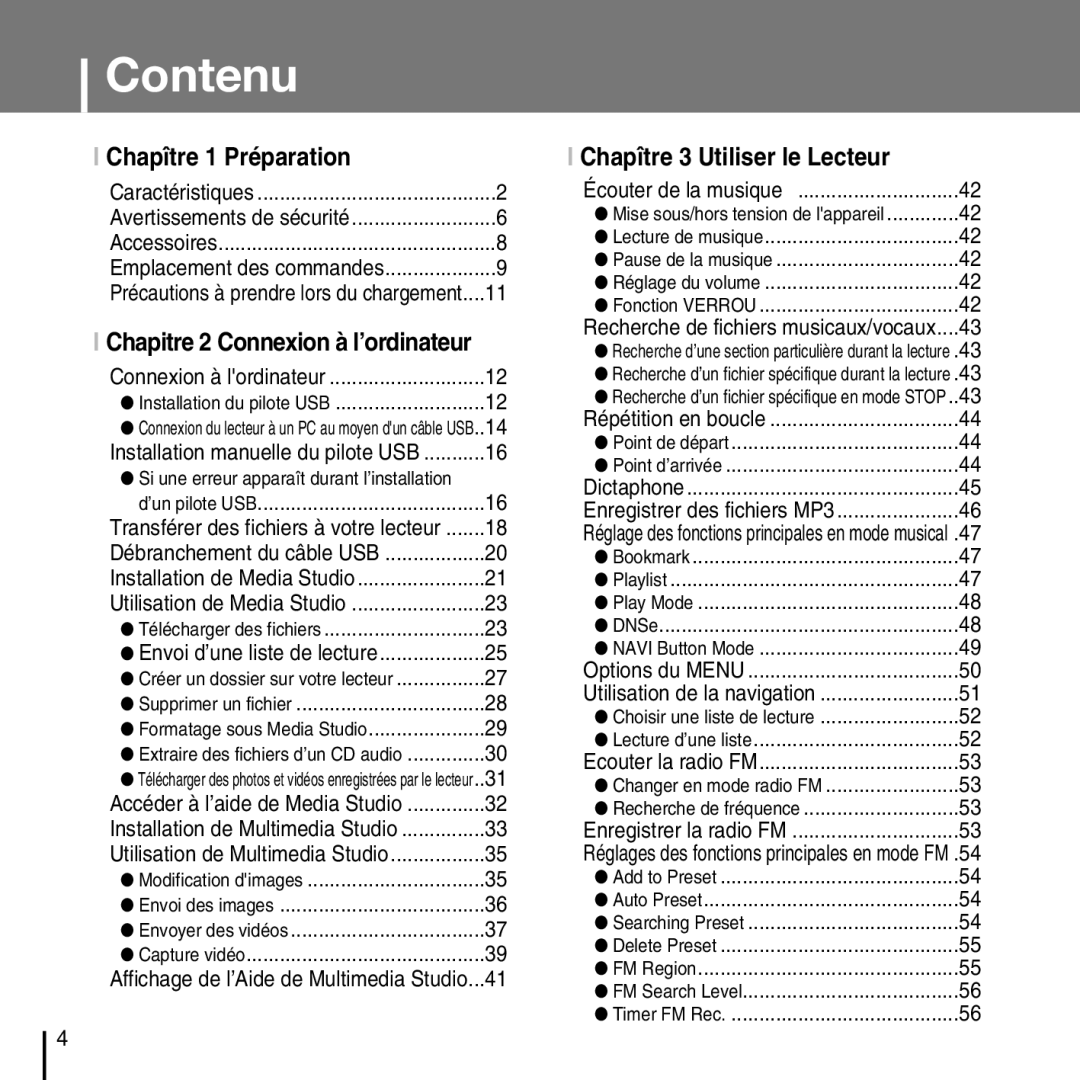 Samsung YP-D1Q/ELS, YP-D1Z/ELS, YP-D1ZW/ELS, YP-D1QB/ELS manual Contenu, Chapître 1 Préparation 