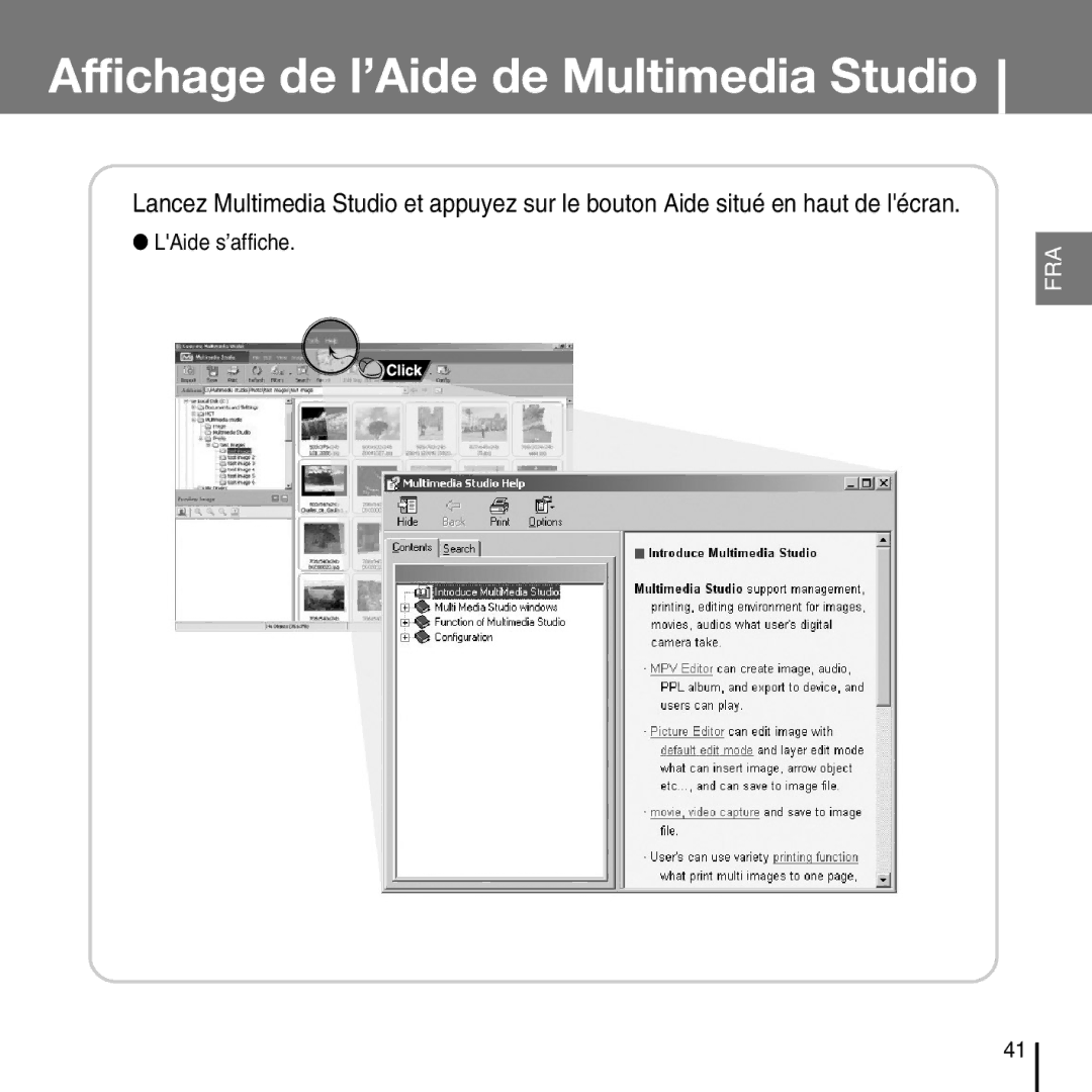 Samsung YP-D1Z/ELS, YP-D1Q/ELS, YP-D1ZW/ELS, YP-D1QB/ELS manual Affichage de l’Aide de Multimedia Studio 