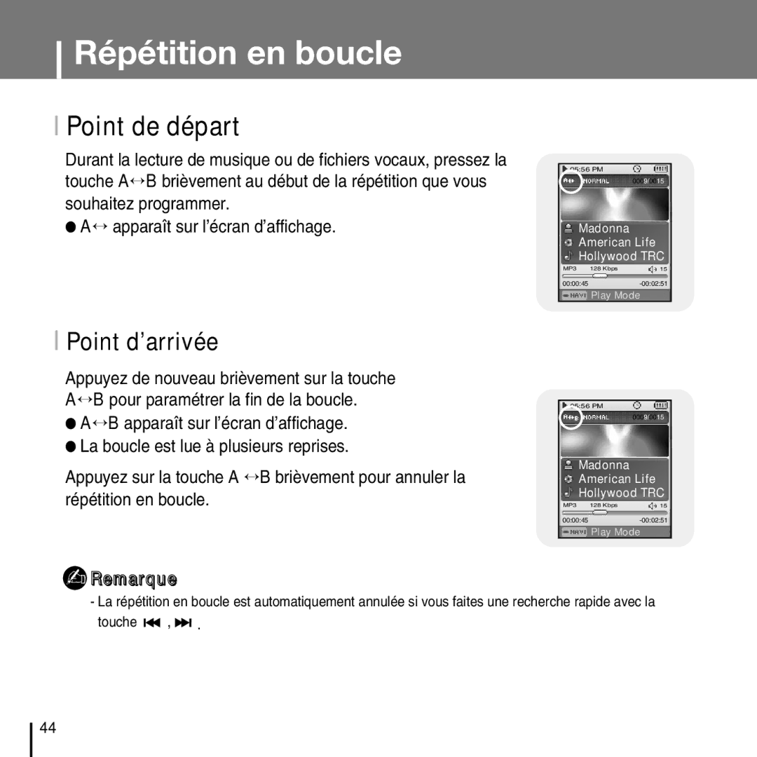 Samsung YP-D1Q/ELS, YP-D1Z/ELS, YP-D1ZW/ELS, YP-D1QB/ELS manual Répétition en boucle, Point de départ, Point d’arrivée 