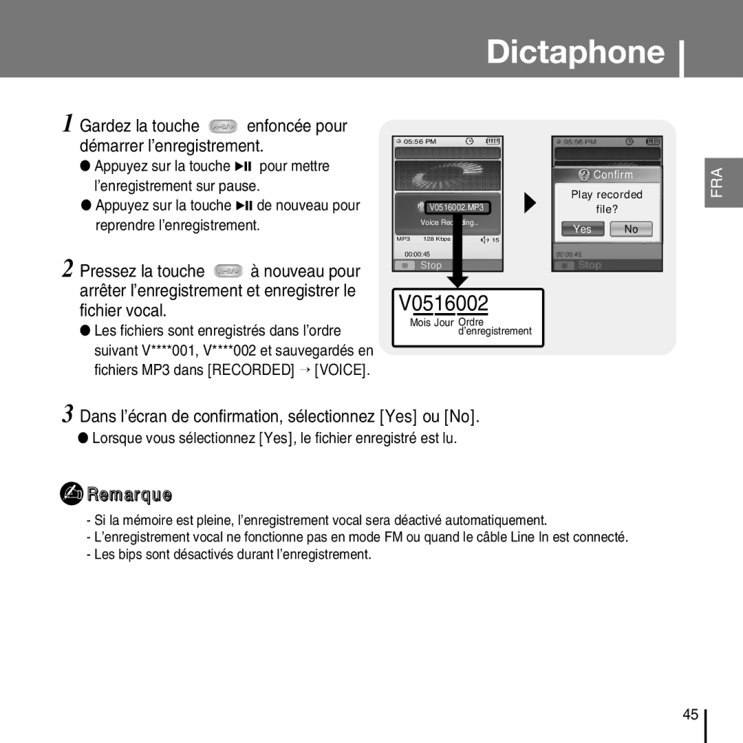 Samsung YP-D1Z/ELS, YP-D1Q/ELS, YP-D1ZW/ELS manual Dictaphone, Gardez la touche enfoncée pour démarrer l’enregistrement 