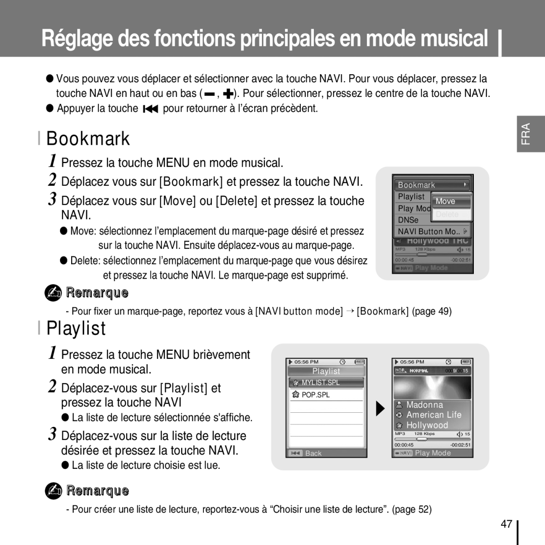 Samsung YP-D1QB/ELS, YP-D1Q/ELS, YP-D1Z/ELS, YP-D1ZW/ELS manual Bookmark, Playlist, Pressez la touche Menu en mode musical 