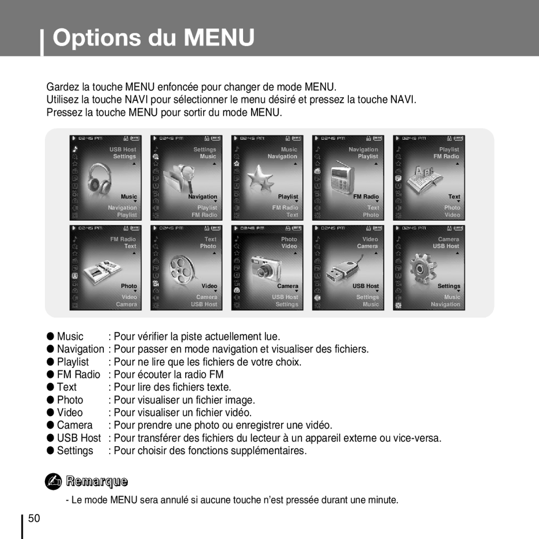 Samsung YP-D1ZW/ELS, YP-D1Q/ELS, YP-D1Z/ELS, YP-D1QB/ELS manual Options du Menu 