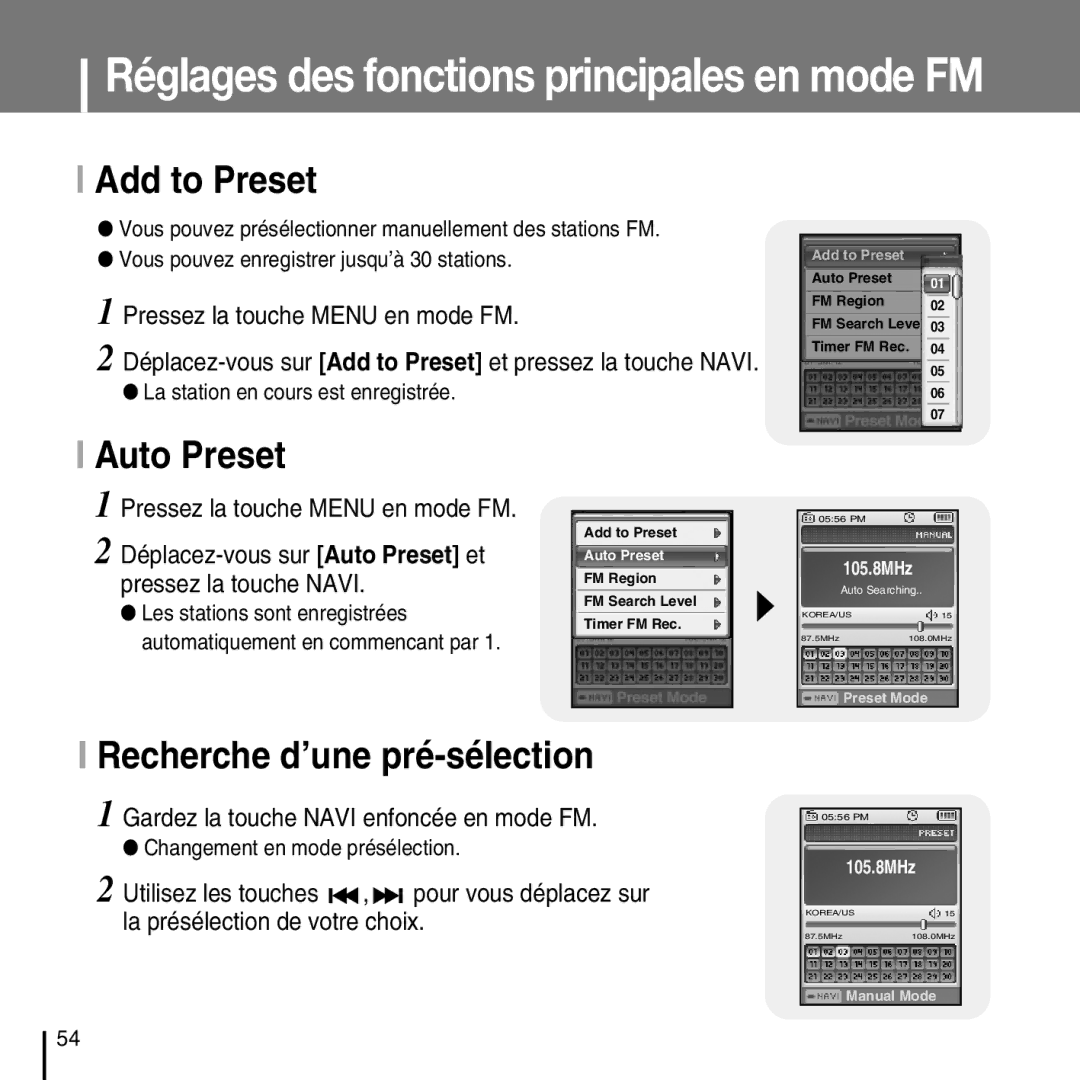 Samsung YP-D1ZW/ELS manual Add to Preset, Auto Preset, Recherche d’une pré-sélection, Pressez la touche Menu en mode FM 