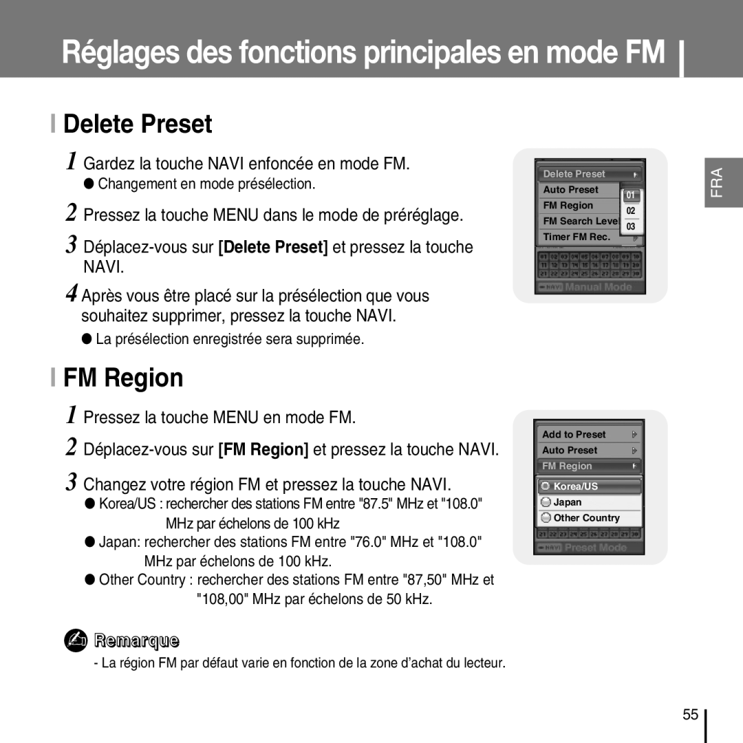 Samsung YP-D1QB/ELS, YP-D1Q/ELS, YP-D1Z/ELS, YP-D1ZW/ELS manual Delete Preset, FM Region 