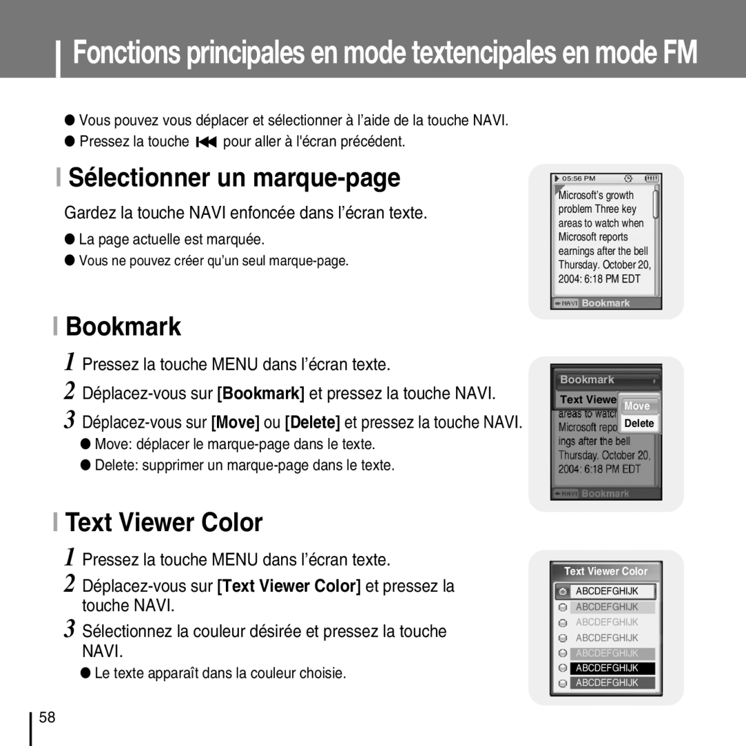 Samsung YP-D1ZW/ELS Sélectionner un marque-page, Text Viewer Color, Gardez la touche Navi enfoncée dans l’écran texte 