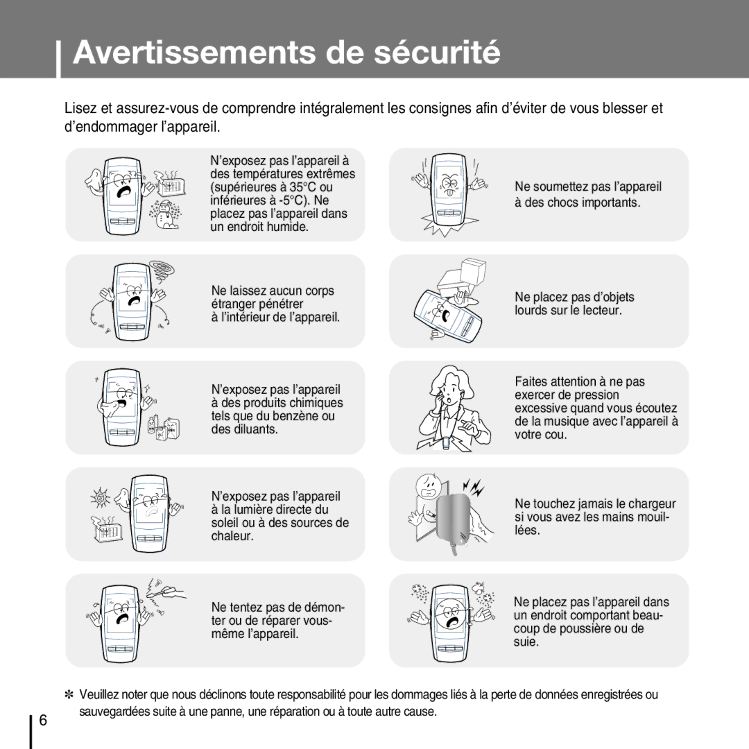 Samsung YP-D1ZW/ELS, YP-D1Q/ELS, YP-D1Z/ELS, YP-D1QB/ELS manual Avertissements de sécurité 