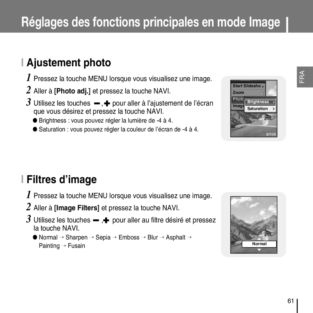 Samsung YP-D1Z/ELS, YP-D1Q/ELS, YP-D1ZW/ELS, YP-D1QB/ELS manual Ajustement photo, Filtres d’image 