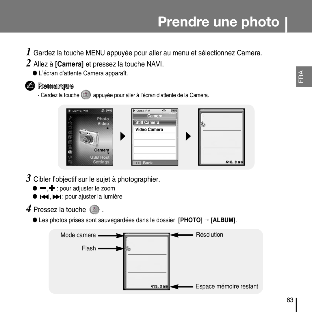 Samsung YP-D1QB/ELS, YP-D1Q/ELS manual Prendre une photo, Cibler l’objectif sur le sujet à photographier, Pressez la touche 