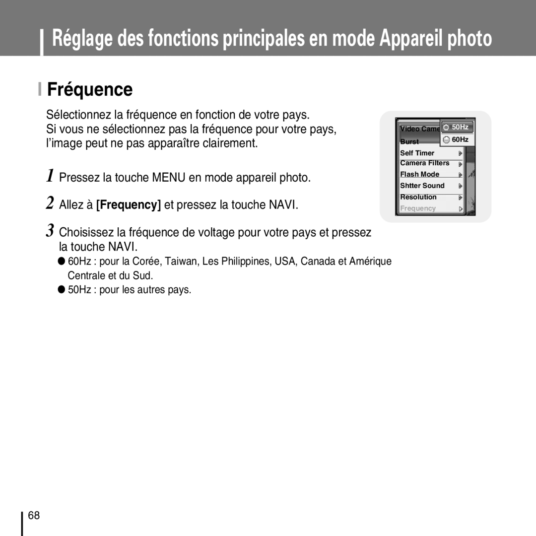 Samsung YP-D1Q/ELS, YP-D1Z/ELS, YP-D1ZW/ELS, YP-D1QB/ELS manual Fréquence, Sélectionnez la fréquence en fonction de votre pays 