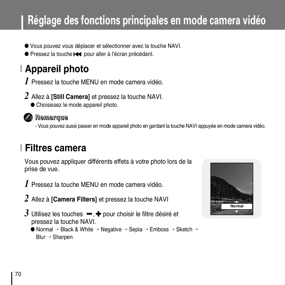 Samsung YP-D1ZW/ELS, YP-D1Q/ELS, YP-D1Z/ELS manual Appareil photo, Réglage des fonctions principales en mode camera vidéo 