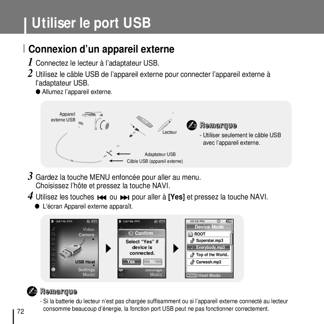 Samsung YP-D1Q/ELS, YP-D1Z/ELS, YP-D1ZW/ELS, YP-D1QB/ELS manual Utiliser le port USB, Connexion d’un appareil externe 