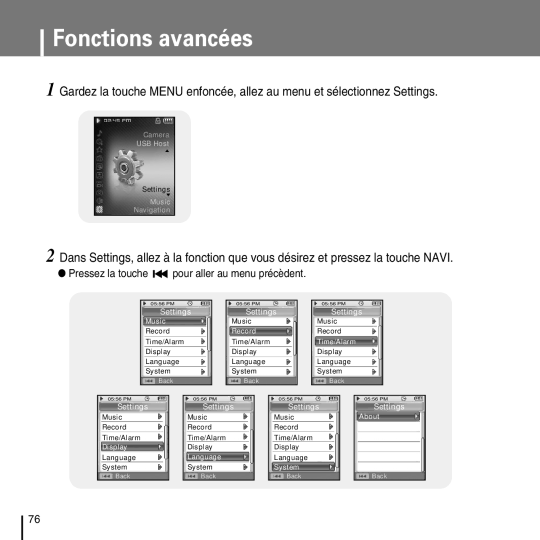 Samsung YP-D1Q/ELS, YP-D1Z/ELS, YP-D1ZW/ELS, YP-D1QB/ELS Fonctions avancées, Pressez la touche pour aller au menu précèdent 