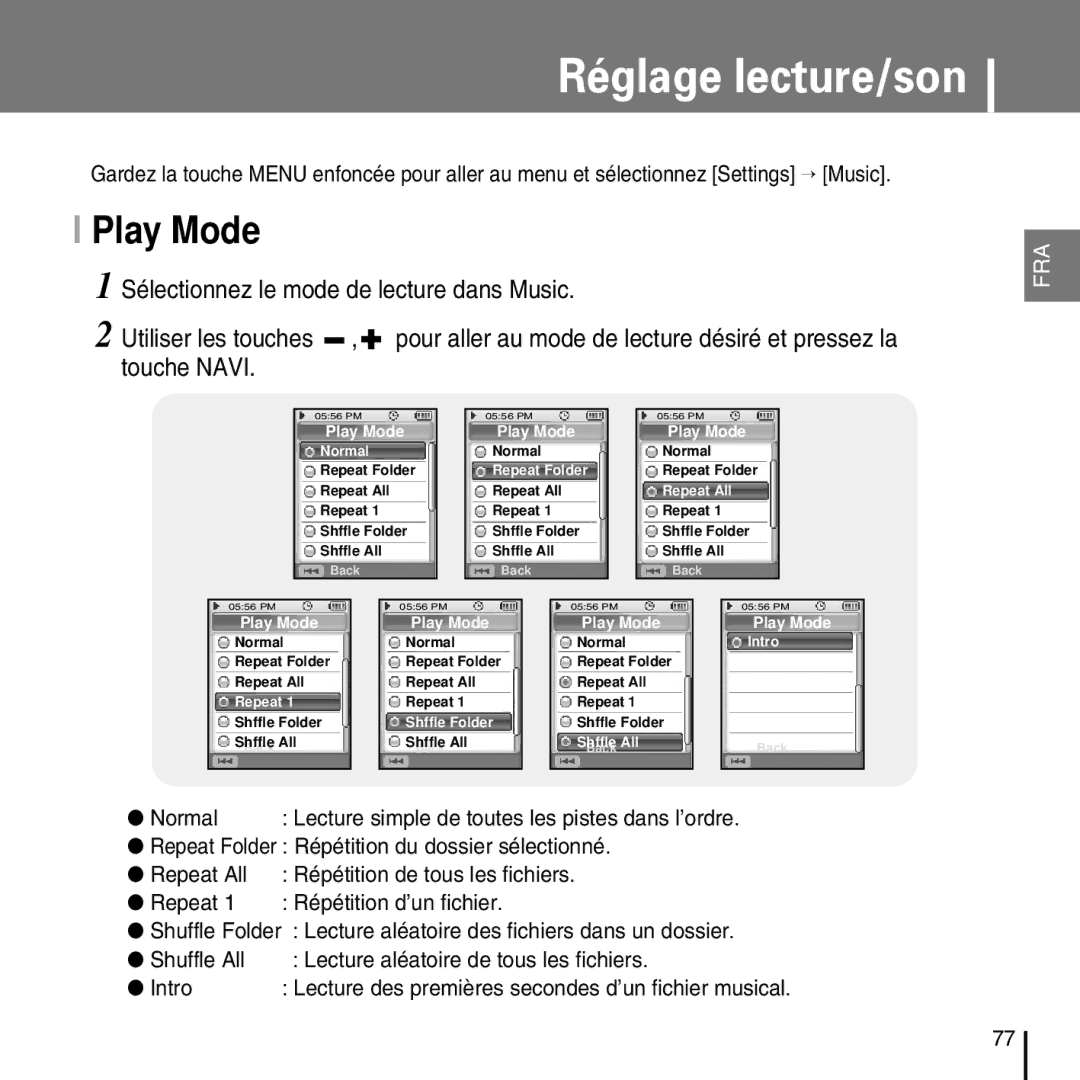 Samsung YP-D1Z/ELS, YP-D1Q/ELS, YP-D1ZW/ELS, YP-D1QB/ELS manual Réglage lecture/son, Play Mode 