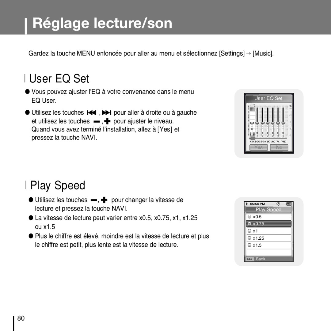 Samsung YP-D1Q/ELS, YP-D1Z/ELS, YP-D1ZW/ELS, YP-D1QB/ELS manual User EQ Set, Play Speed 