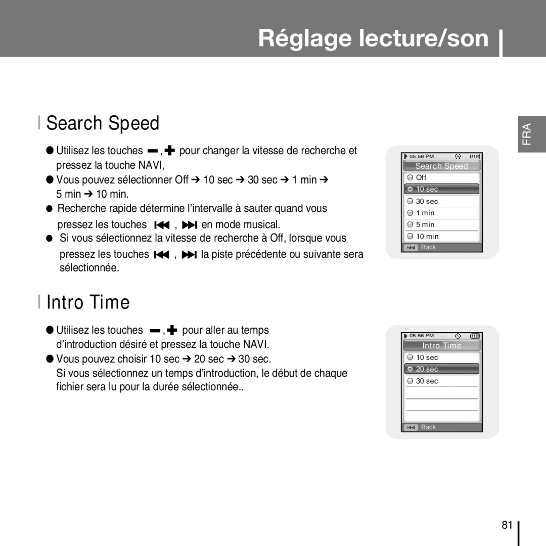 Samsung YP-D1Z/ELS, YP-D1Q/ELS, YP-D1ZW/ELS, YP-D1QB/ELS manual Search Speed, Intro Time 