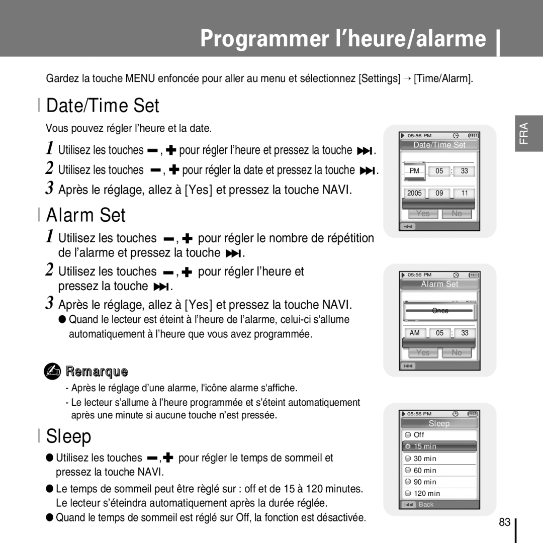 Samsung YP-D1QB/ELS, YP-D1Q/ELS, YP-D1Z/ELS, YP-D1ZW/ELS manual Programmer l’heure/alarme, Date/Time Set, Alarm Set, Sleep 