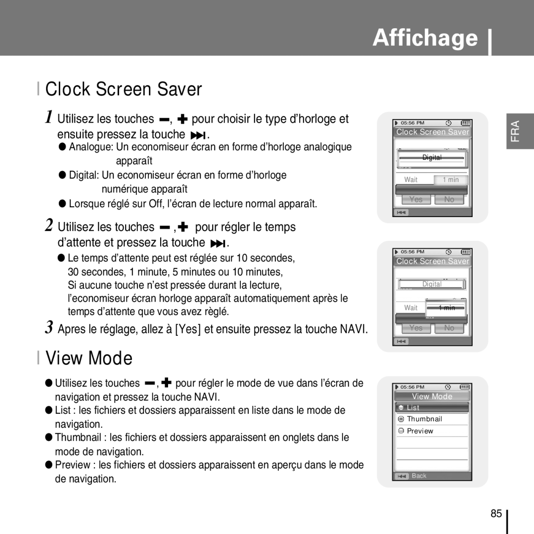 Samsung YP-D1Z/ELS, YP-D1Q/ELS, YP-D1ZW/ELS, YP-D1QB/ELS manual Clock Screen Saver, View Mode 