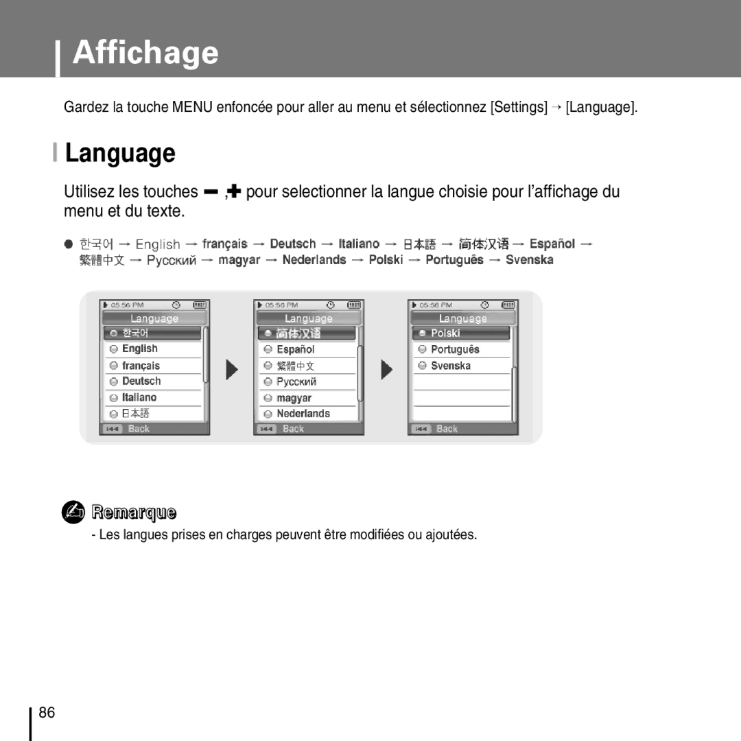 Samsung YP-D1ZW/ELS, YP-D1Q/ELS, YP-D1Z/ELS, YP-D1QB/ELS manual Language 