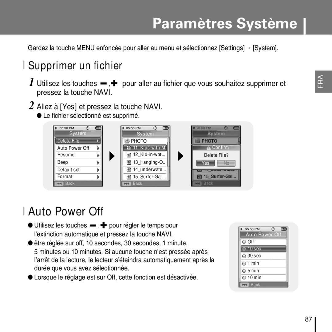 Samsung YP-D1QB/ELS, YP-D1Q/ELS, YP-D1Z/ELS, YP-D1ZW/ELS manual Paramètres Système, Auto Power Off, Supprimer un fichier 