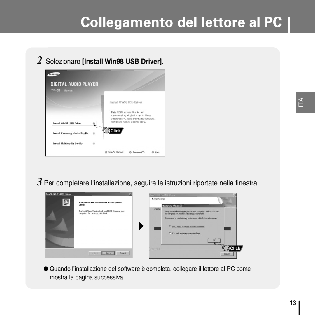 Samsung YP-D1ZW/ELS, YP-D1Q/ELS manual Selezionare Install Win98 USB Driver 