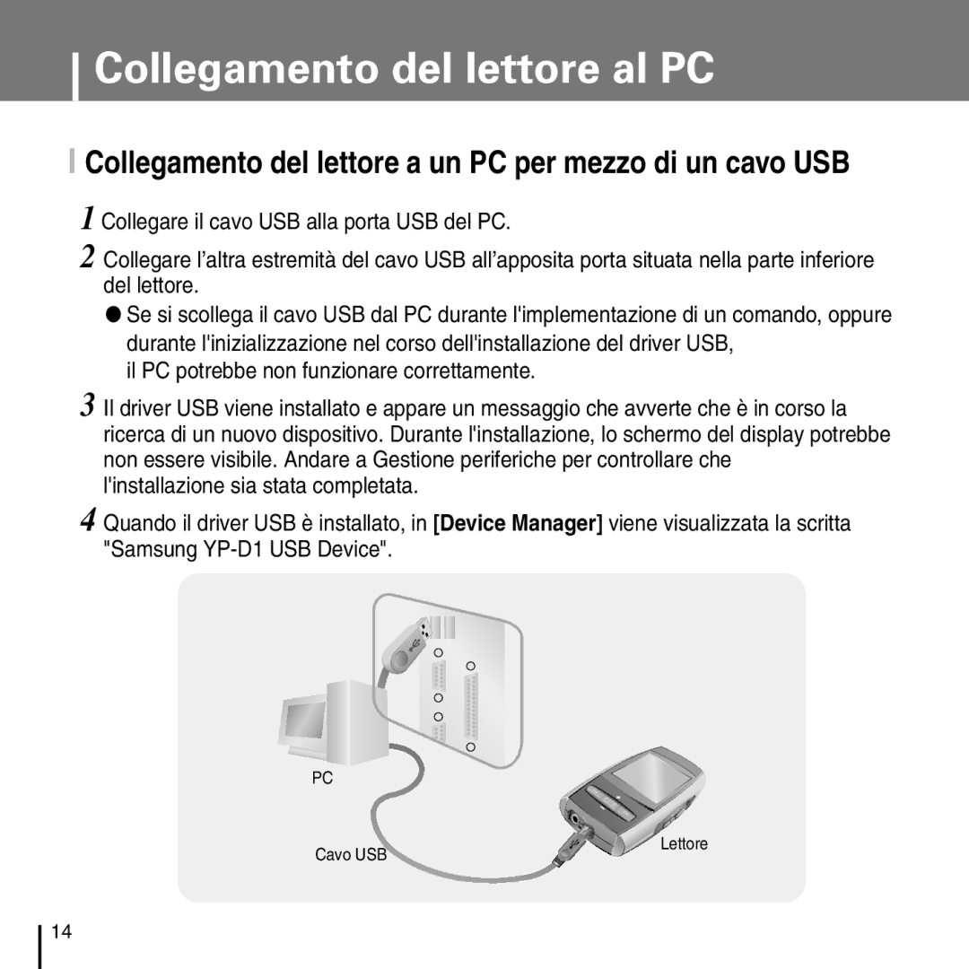 Samsung YP-D1Q/ELS, YP-D1ZW/ELS manual Collegamento del lettore a un PC per mezzo di un cavo USB 