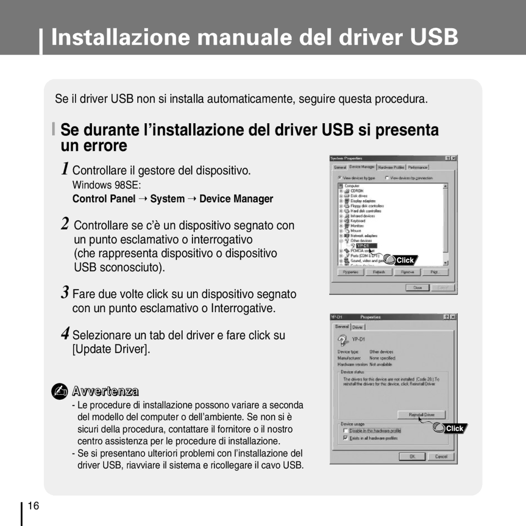 Samsung YP-D1Q/ELS, YP-D1ZW/ELS Installazione manuale del driver USB, Controllare il gestore del dispositivo, Windows 98SE 