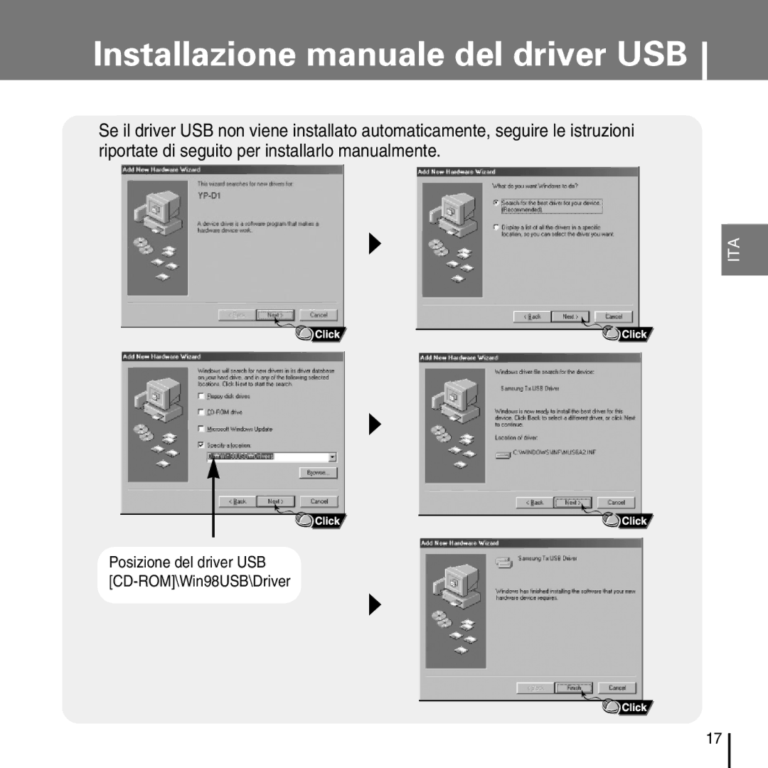 Samsung YP-D1ZW/ELS, YP-D1Q/ELS manual Posizione del driver USB CD-ROM\Win98USB\Driver 