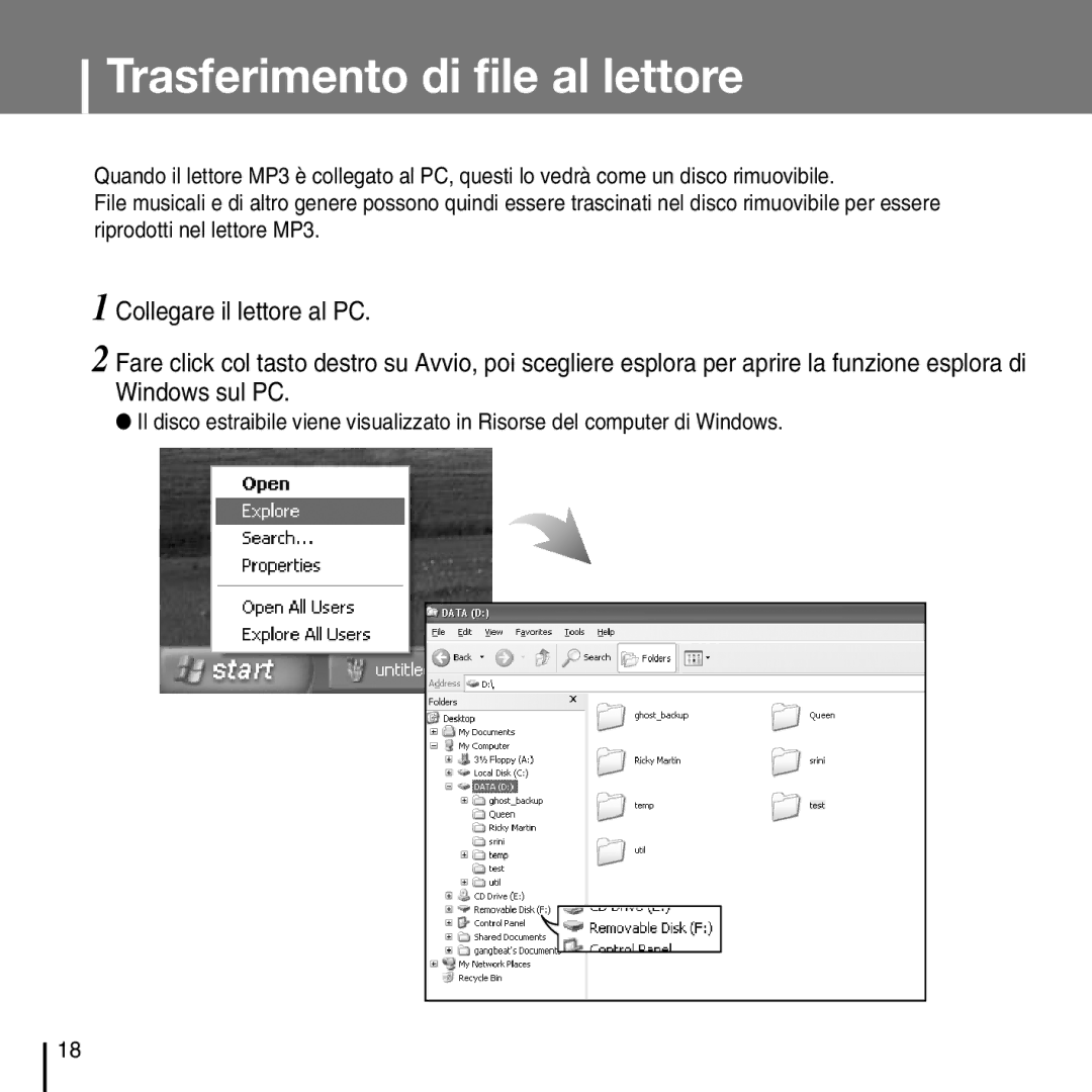 Samsung YP-D1Q/ELS, YP-D1ZW/ELS manual Trasferimento di file al lettore 