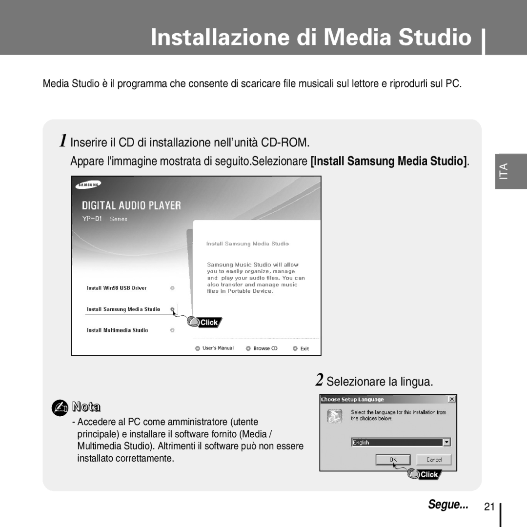 Samsung YP-D1ZW/ELS, YP-D1Q/ELS manual Installazione di Media Studio, Inserire il CD di installazione nell’unità CD-ROM 