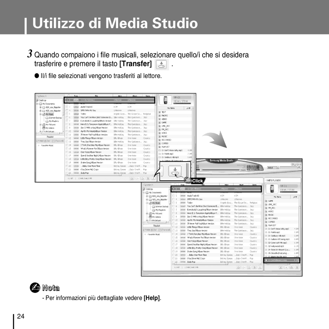 Samsung YP-D1Q/ELS manual Il/i file selezionati vengono trasferiti al lettore, Per informazioni più dettagliate vedere Help 