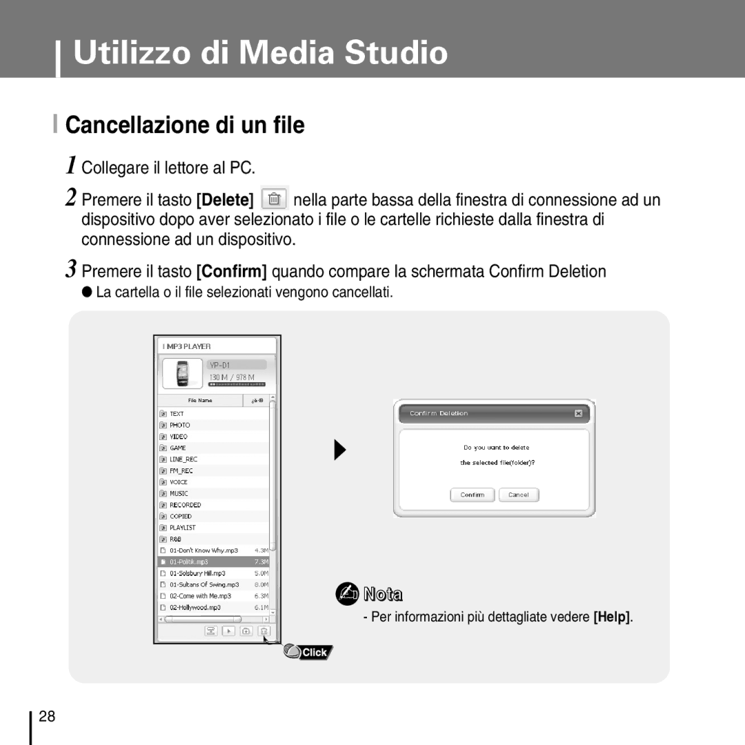 Samsung YP-D1Q/ELS, YP-D1ZW/ELS manual Cancellazione di un file, La cartella o il file selezionati vengono cancellati 