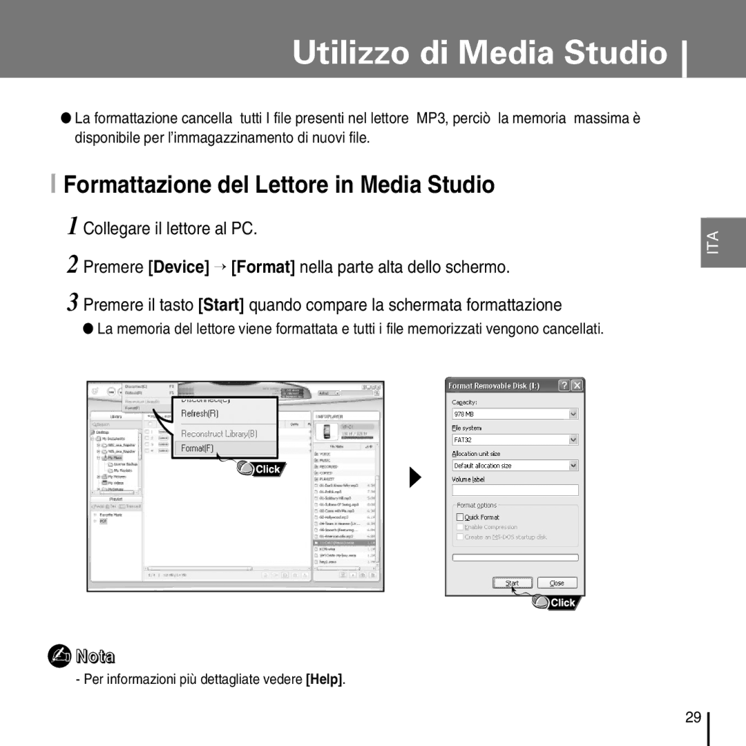 Samsung YP-D1ZW/ELS, YP-D1Q/ELS manual Formattazione del Lettore in Media Studio 