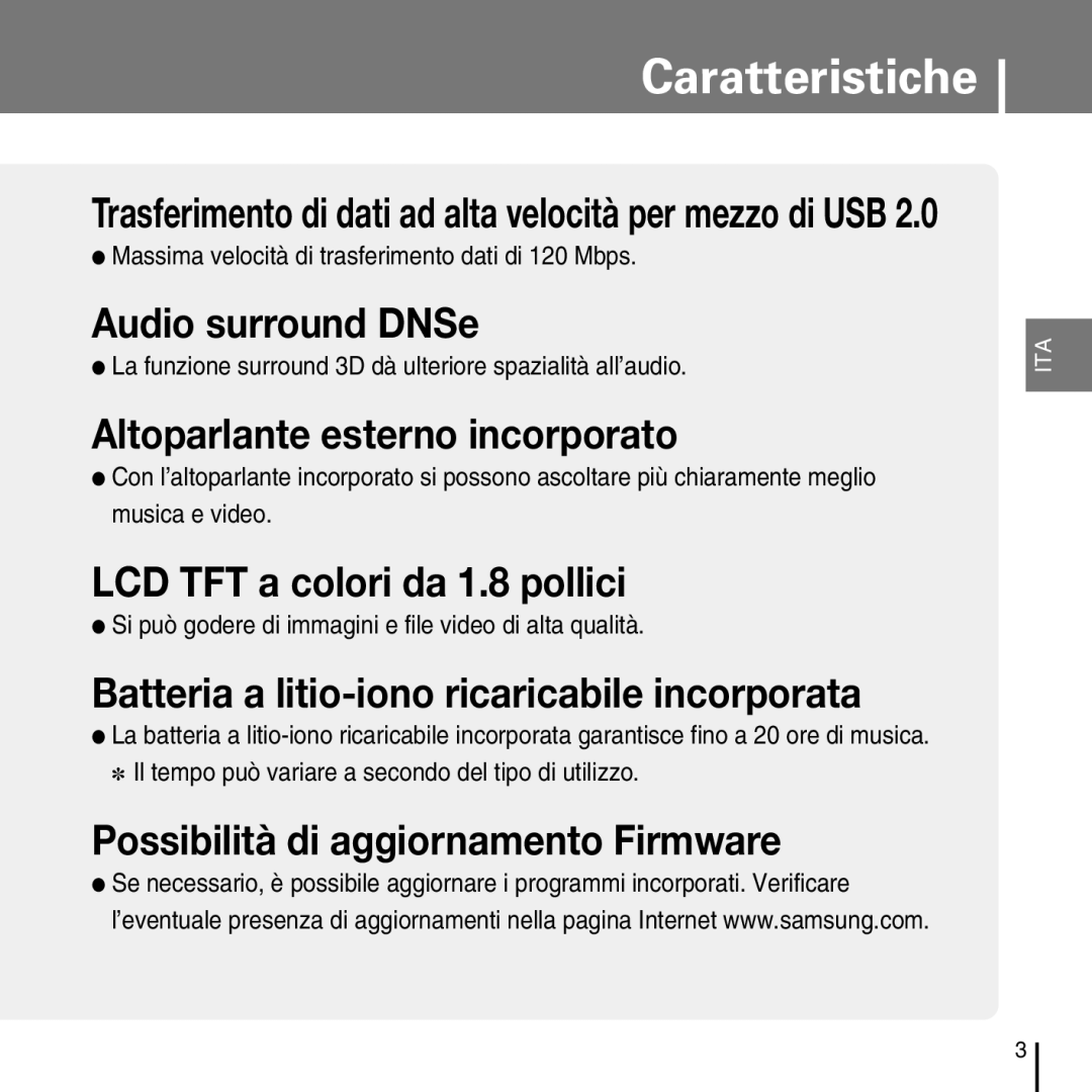 Samsung YP-D1ZW/ELS, YP-D1Q/ELS manual Massima velocità di trasferimento dati di 120 Mbps 