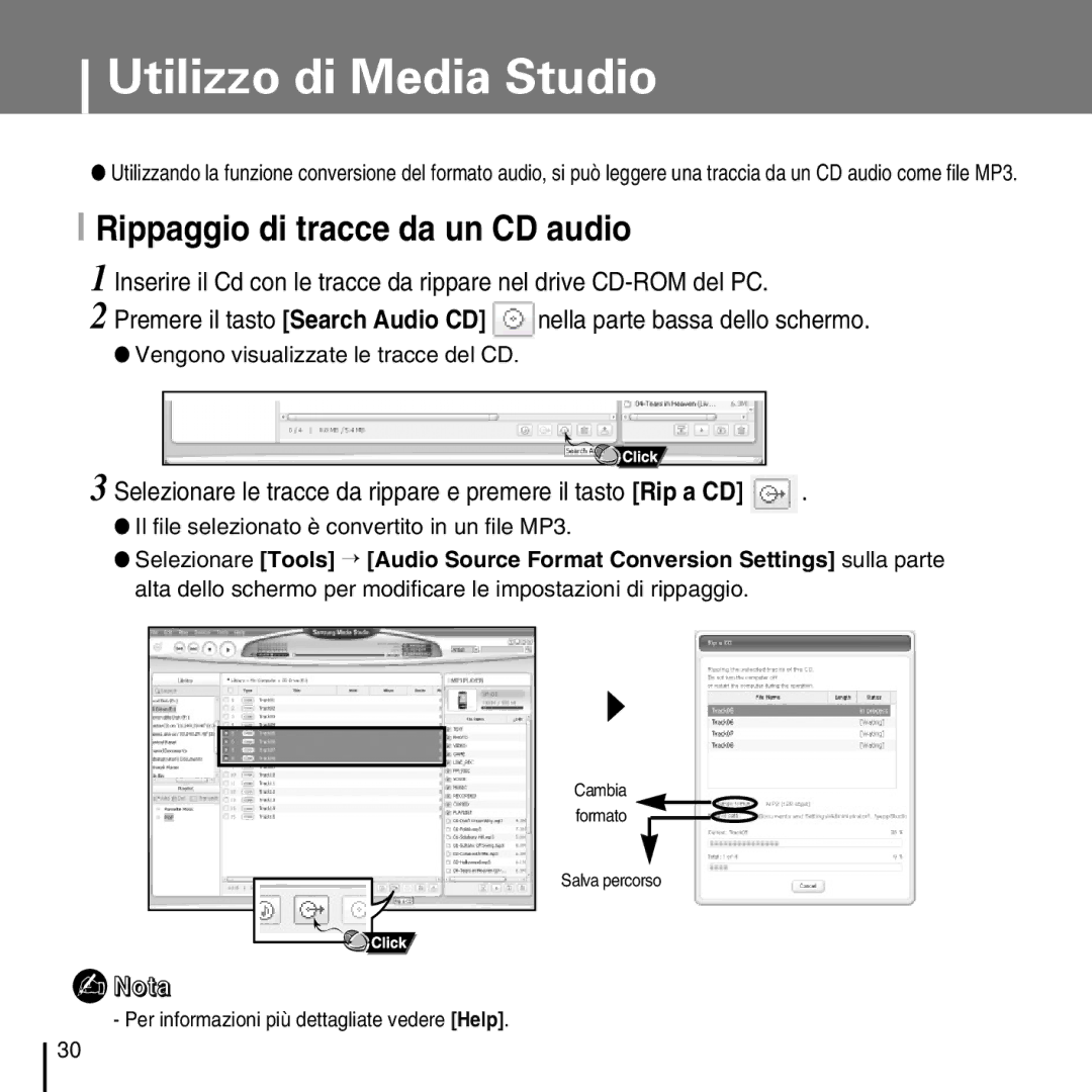 Samsung YP-D1Q/ELS, YP-D1ZW/ELS manual Rippaggio di tracce da un CD audio, Vengono visualizzate le tracce del CD 