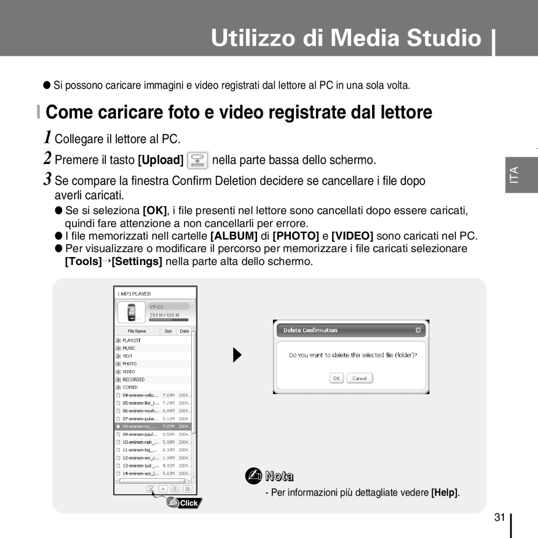 Samsung YP-D1ZW/ELS, YP-D1Q/ELS manual Come caricare foto e video registrate dal lettore 